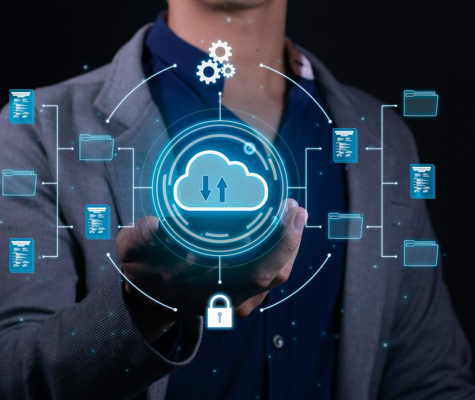 A man employs cloud-based computing on his smartphone to facilitate data transmission and backup.