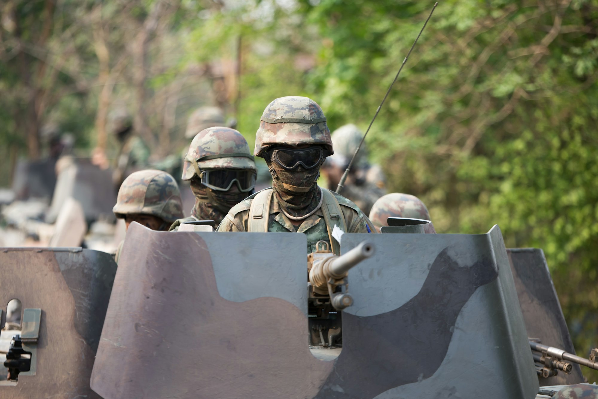military equipment, Soldiers with weapons on military combat training.