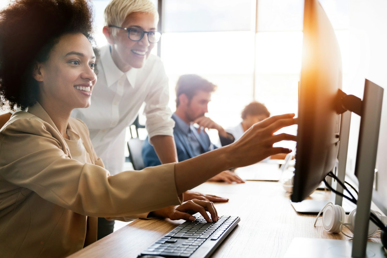Startup business people group of programmer working as team to find solution to problem